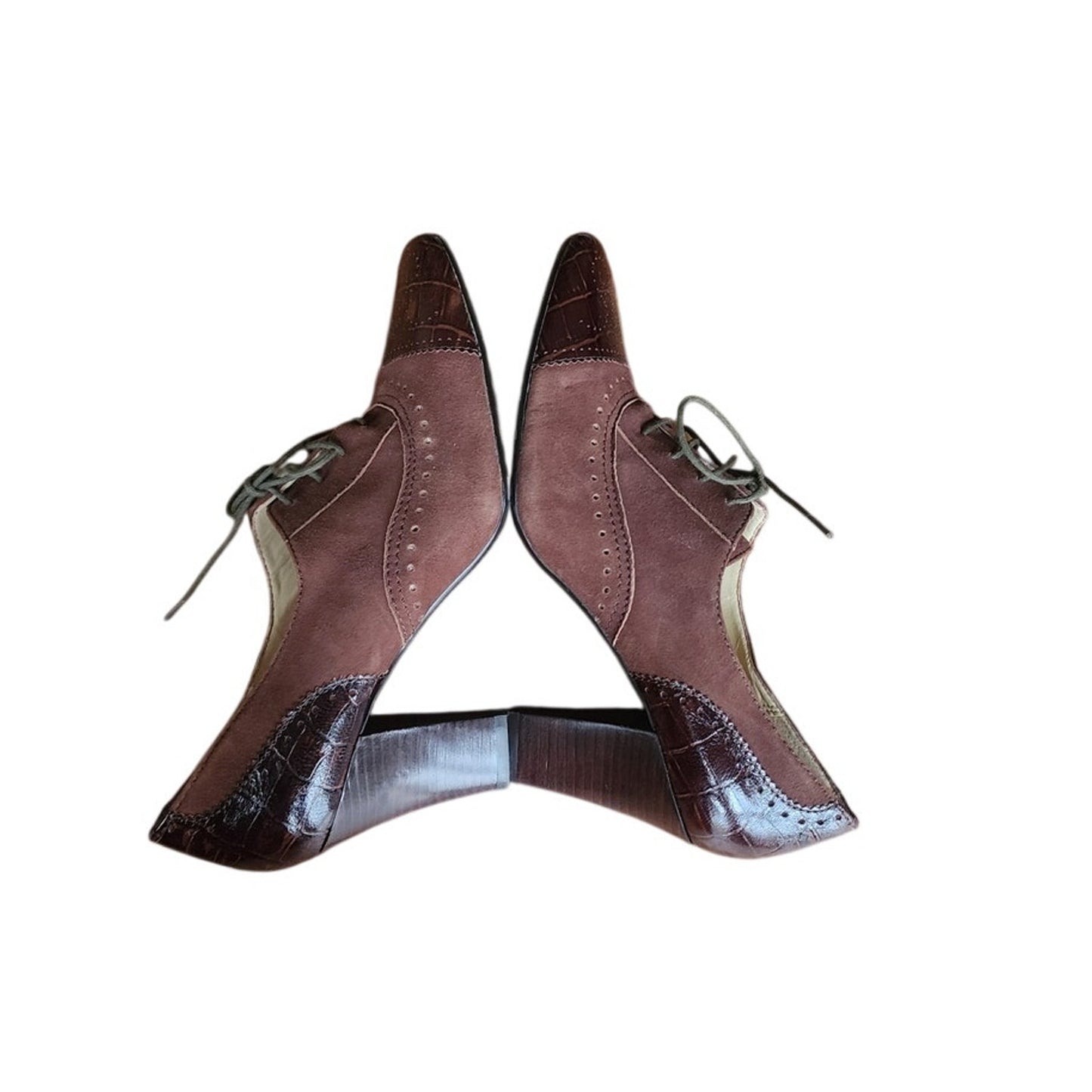 Vintage 1930s Style Brown Suede Shoes Lace Up Oxford Heels Anne Klein 6.5