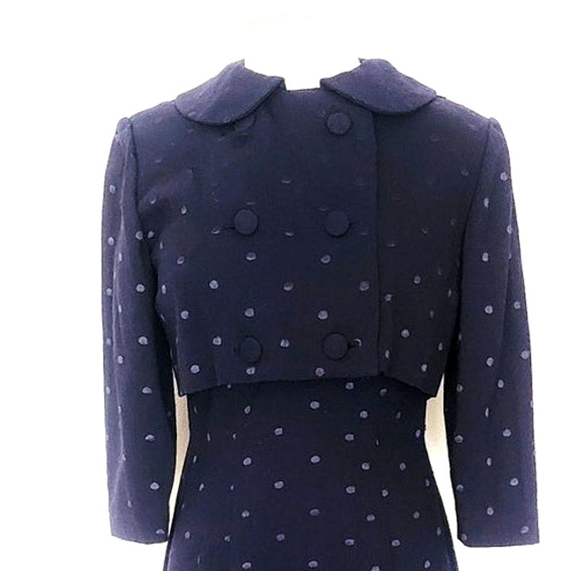 Vintage 1950s Dress + Jacket Suit Set Navy Blue Polkadot Wool Silk / M