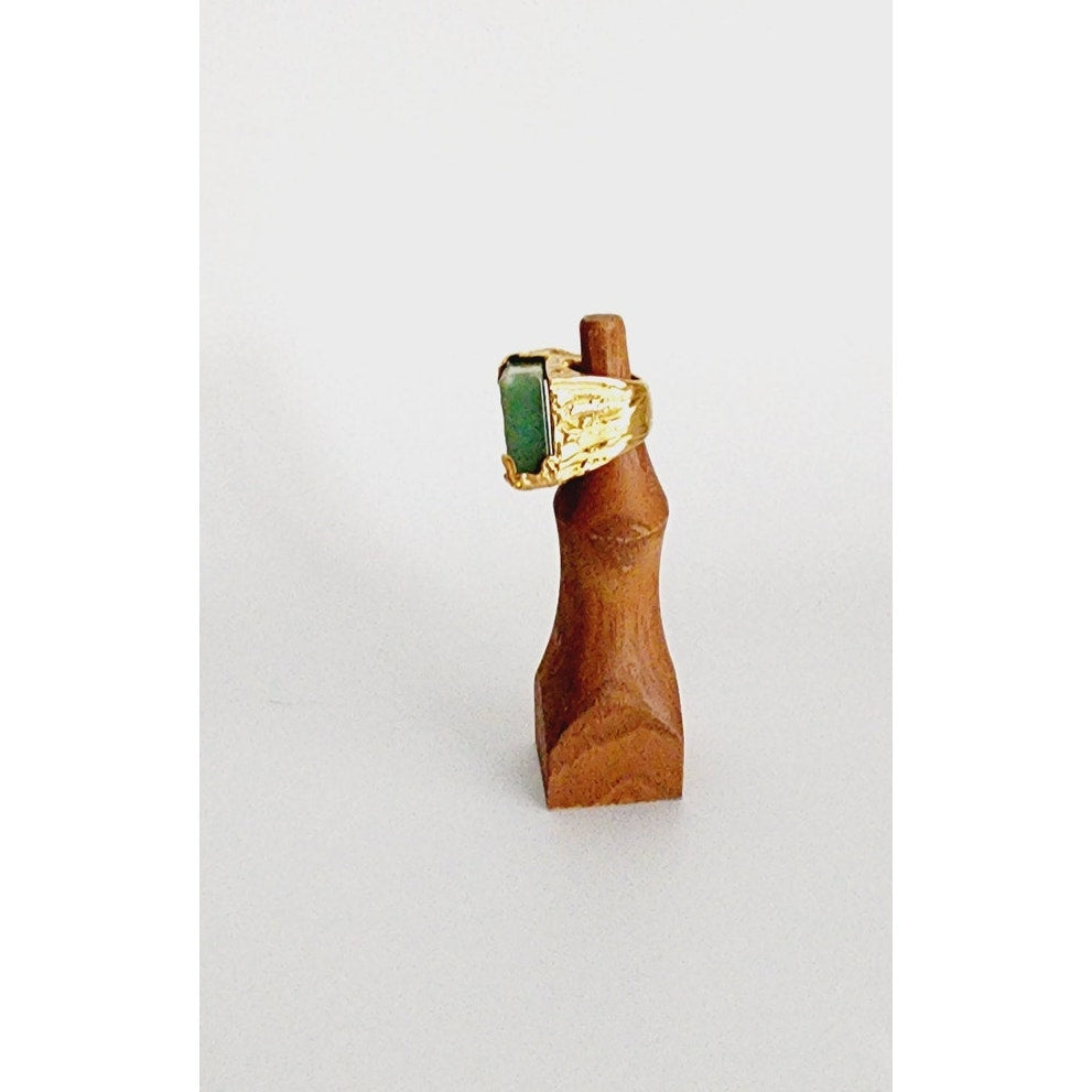 Vintage Yves Saint Laurent Arty Ring Green Aventurine Stone Chunky Gold Base