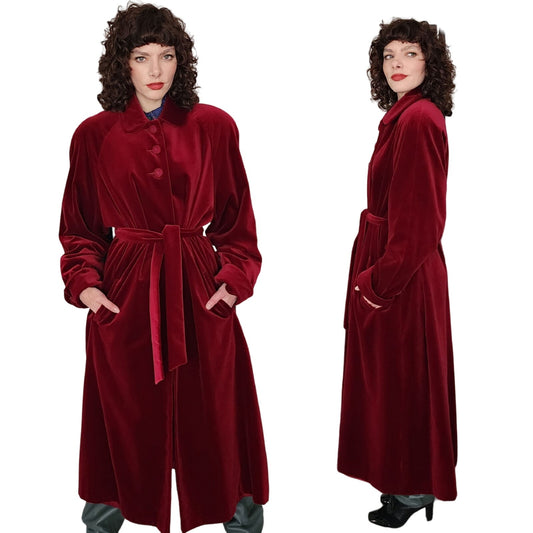 Vintage 80s Red Velvet Coat Raglan Sleeves, Belted