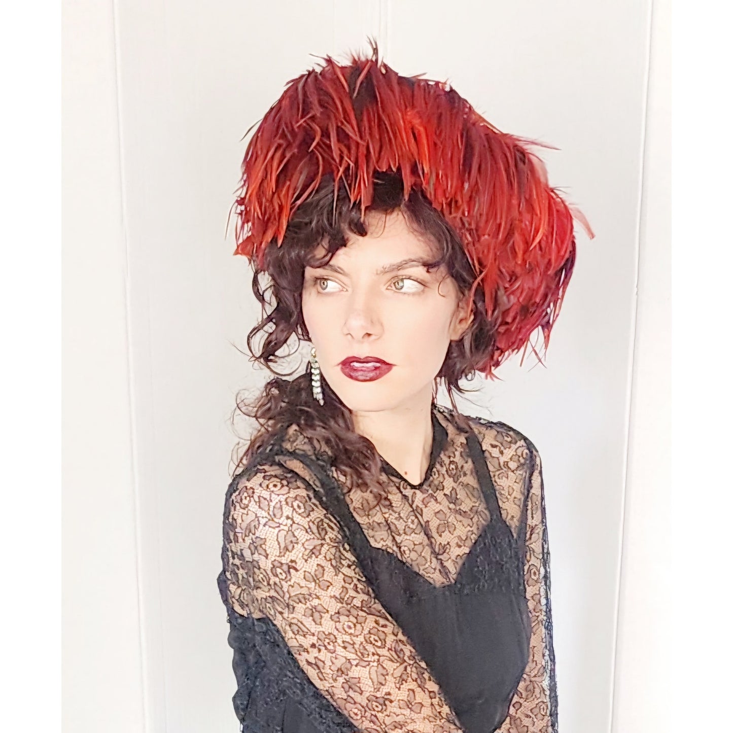 80s Does 60s Red Feather Hat Kokin Oversized Avant Garde