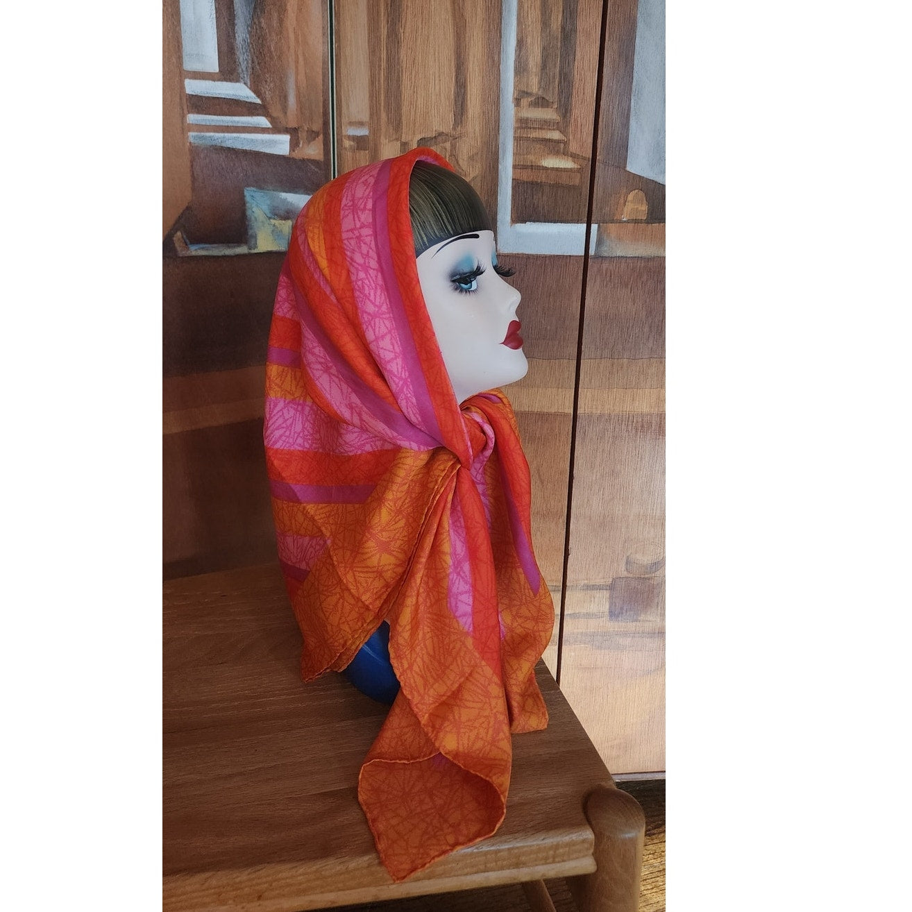 Vintage 70s Liberty of London Silk Scarf Large Orange Pink Diagonal Stripe