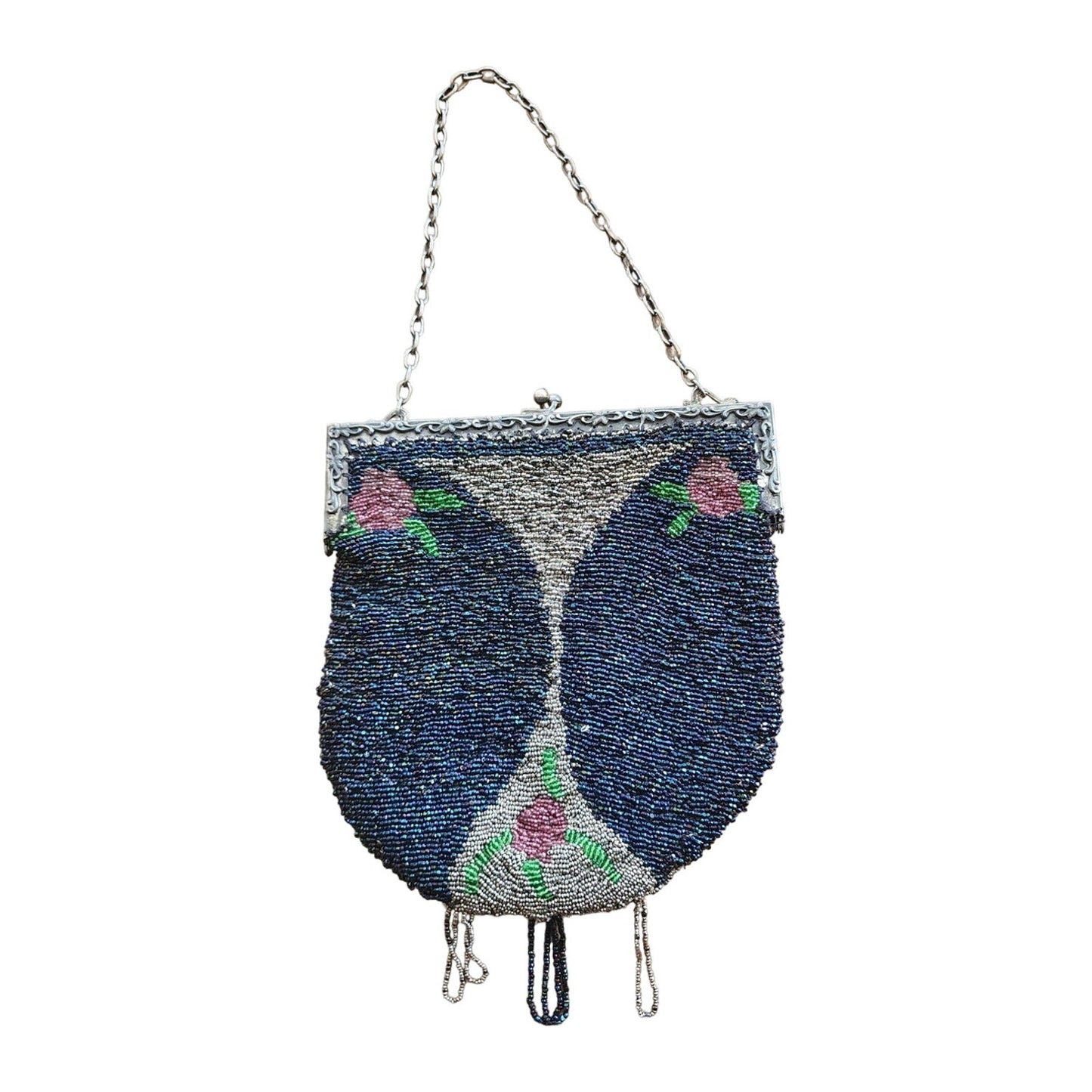 Vintage 20s Beaded Bag Blue Silver Flapper Purse Martini Glass Design