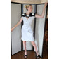 Vintage 80s Dress White Cotton Black Leather w/Cut Outs & Open Back