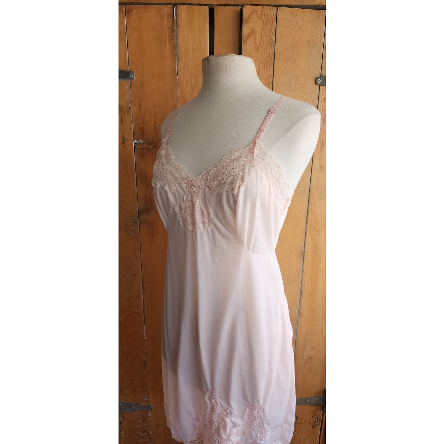 60s Pink Nylon Slip Dress w/Lace Knee Length Medium