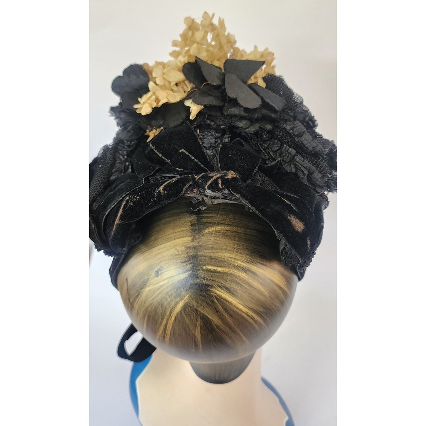 Antique Victorian Hat Black Satin w/Cream Silk Flowers 1800s 19th Century