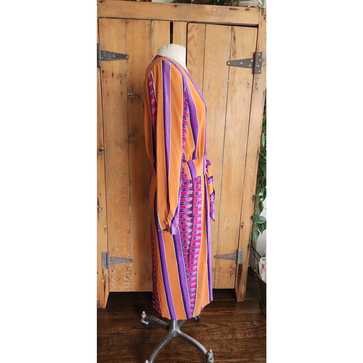 Vintage 1980s Silkprint Dress Purple Orange Stripe Secretary Style Sady King