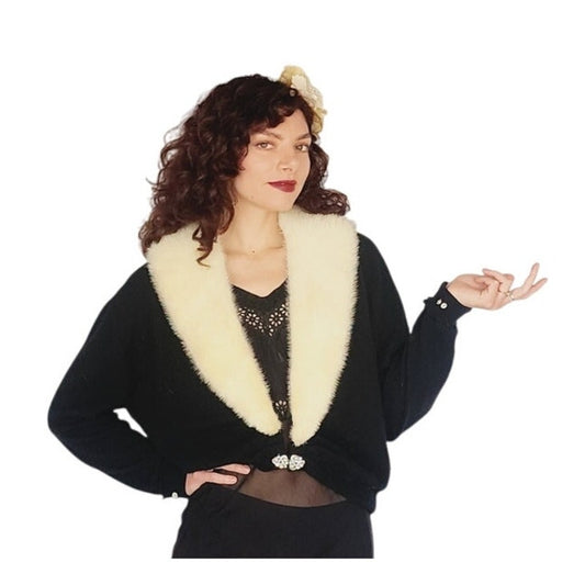 1950s Black Cardigan White Mink Fur Collar