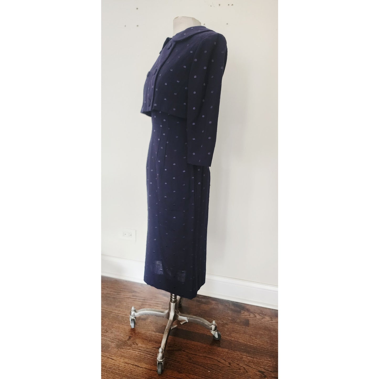 Vintage 50s Dress Jacket Suit Set Navy Blue Polkadot Wool Silk Bombshell Wiggle Viva Las Vegas