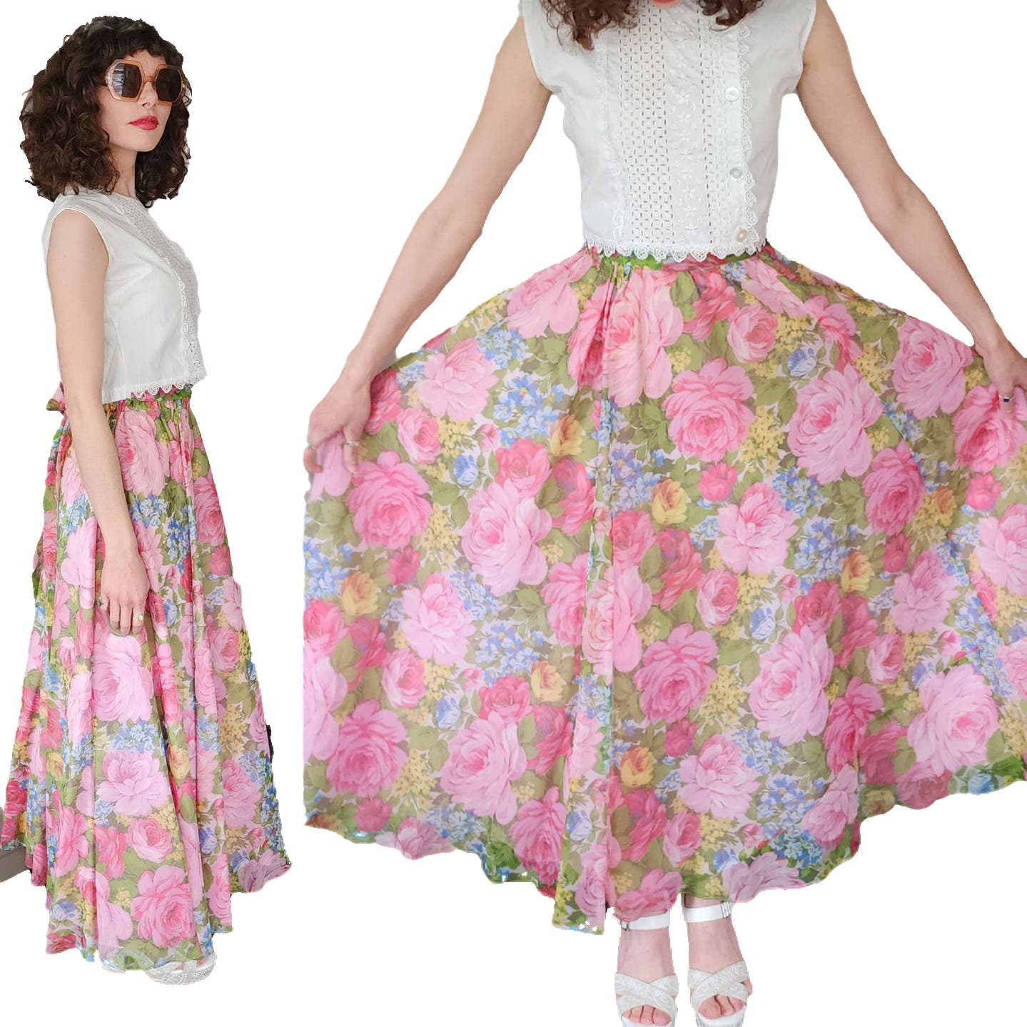 Vintage 70s Maxi Skirt Elastic Waist Pink Floral Print Saks Fifth Avenue