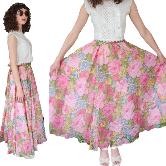 Vintage 70s Maxi Skirt Elastic Waist Pink Floral Print Saks Fifth Avenue