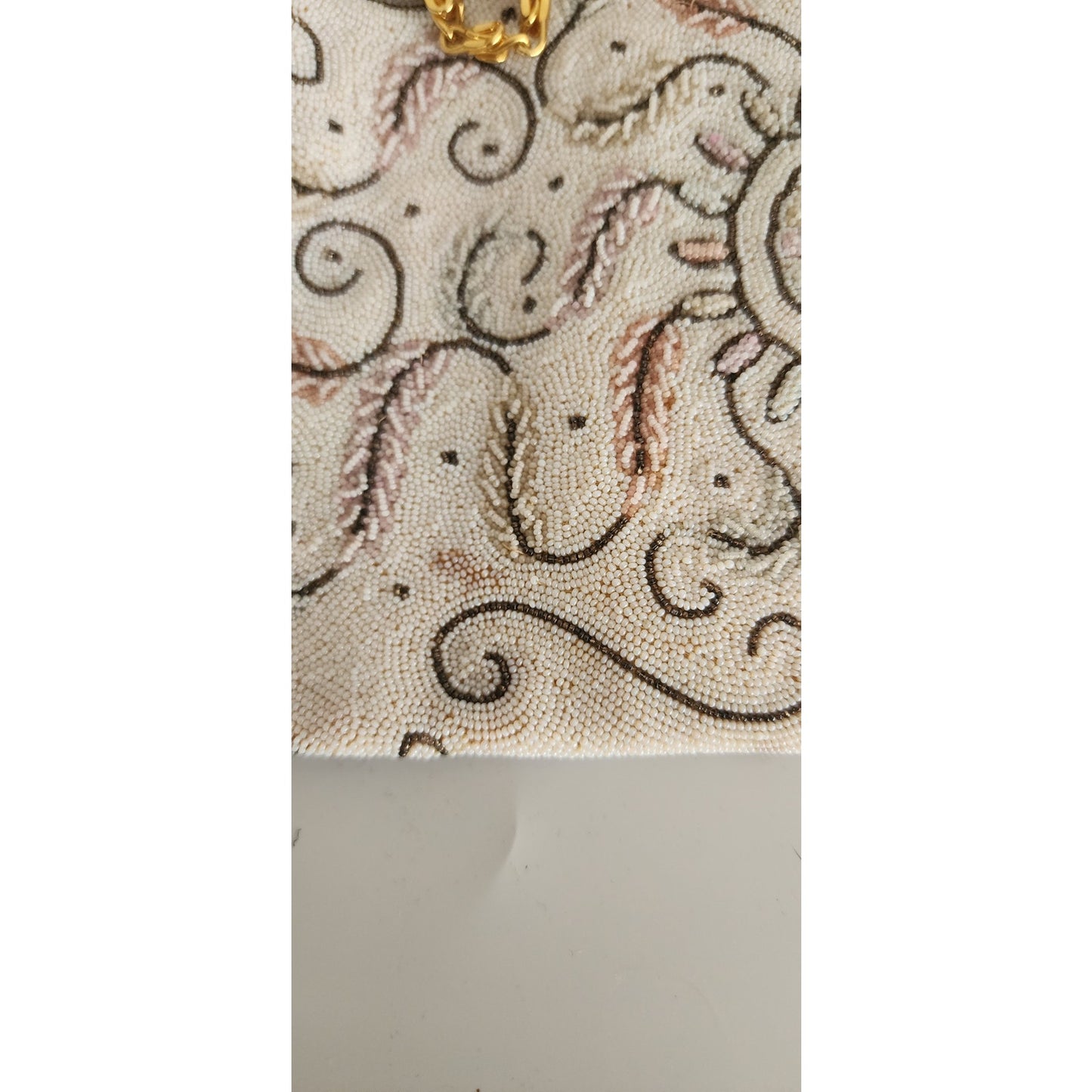 Vintage 50s Evening Bag in White Microbeads France Elaborate Scrollwork Octopus