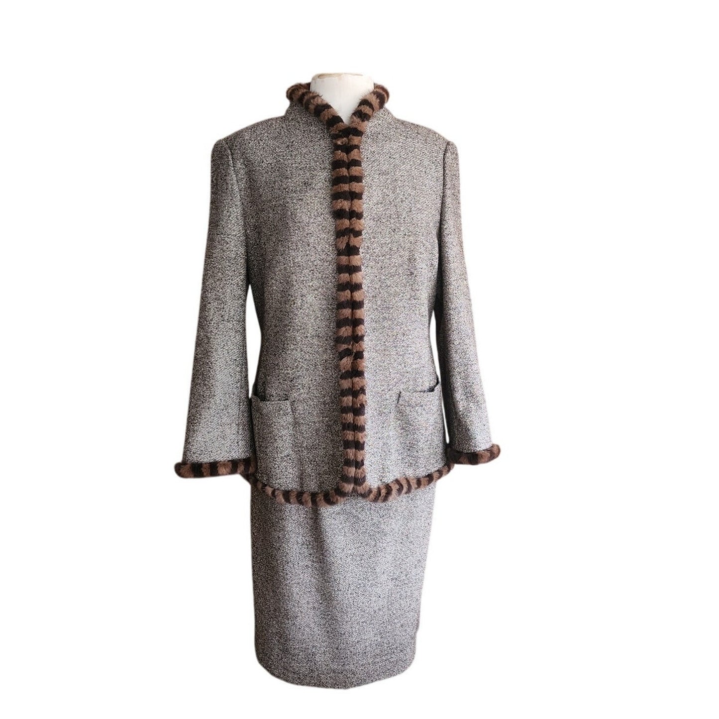Vintage ESCADA Dress + Jacket Suit Set Alpaca Blend Wool Tweed Striped Mink Fur Trim / L
