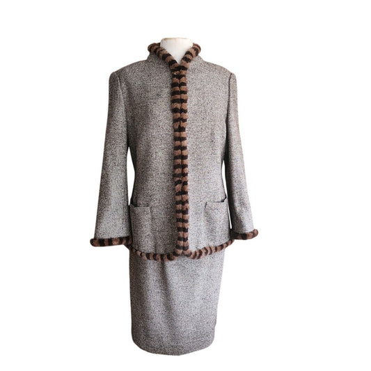 Vintage ESCADA Dress + Jacket Suit Set Alpaca Blend Wool Tweed Striped Mink Fur Trim / L