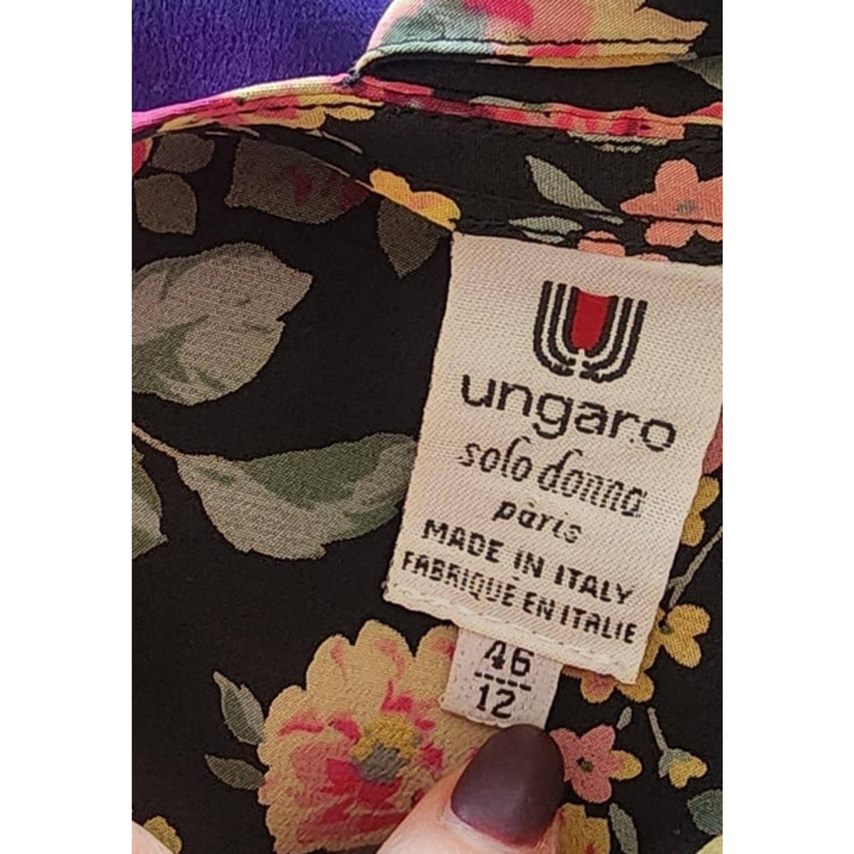 Vintage 1980s Ungaro Dress Silk Floral Rose Print Tie Neck Button Front Pockets
