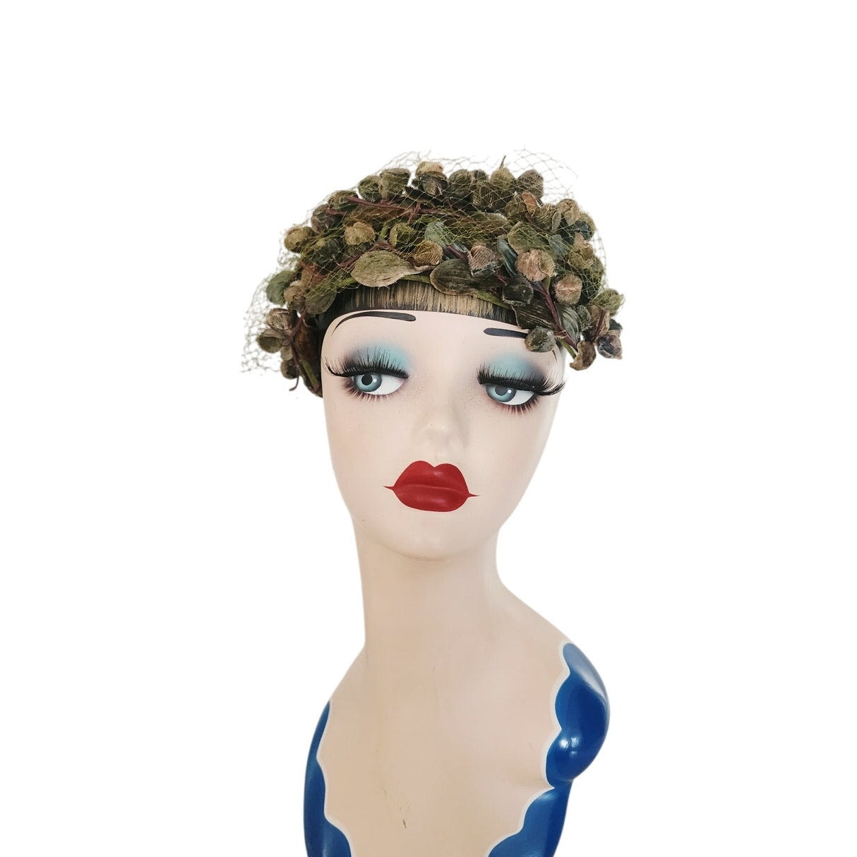 Vintage 1950s Green Hat Floral Fruit Crown Circlet Fascinator w/Veil by Chapette