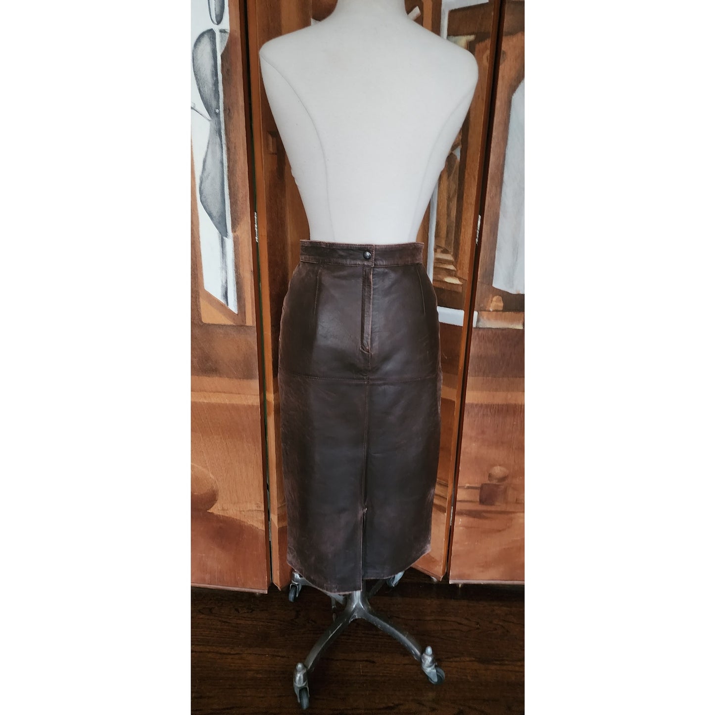 Vintage 80s Brown Leather Pencil Skirt High Waisted Geometric Accent Stitching