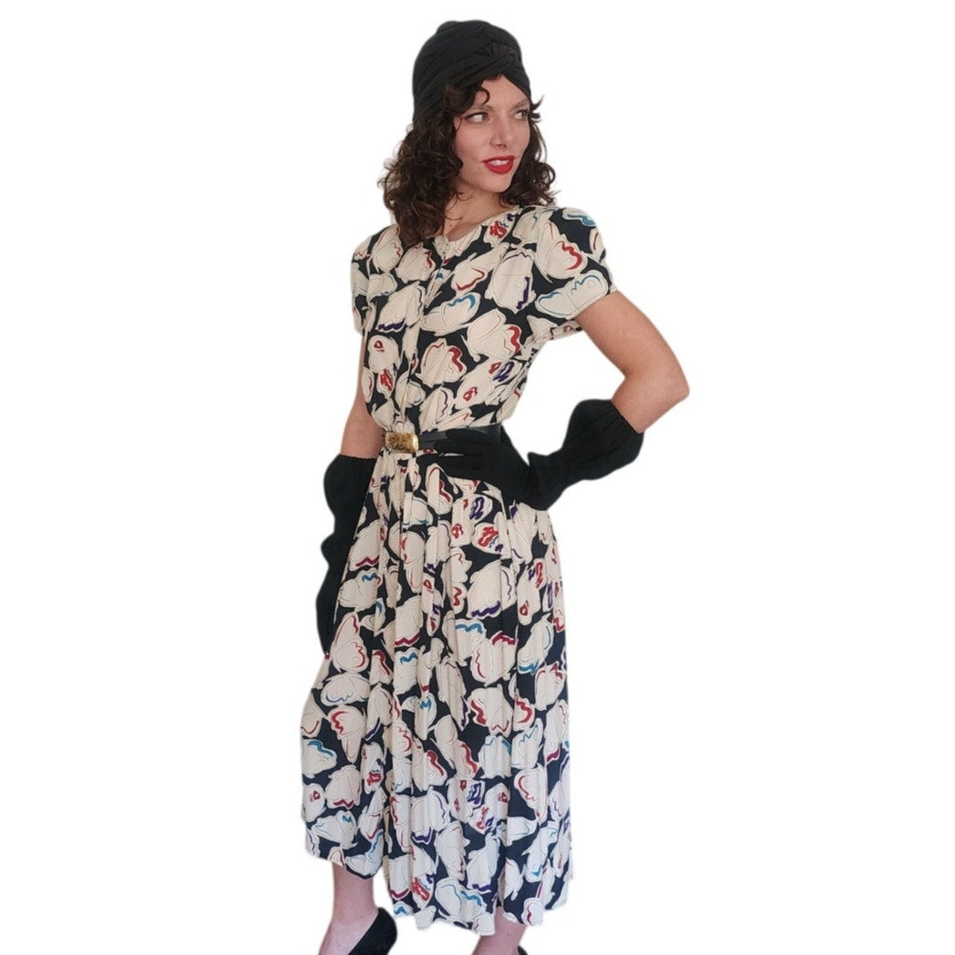 Vintage 1980s Krizia Dress Silk Abstract Print Puff Sleeves Open Back Midi IT 40