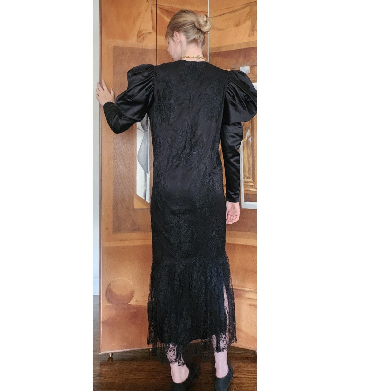 Vintage 80s GALAN0S Couture Dress Black Lace Evening Gown Sculpted Puffed Shoulders