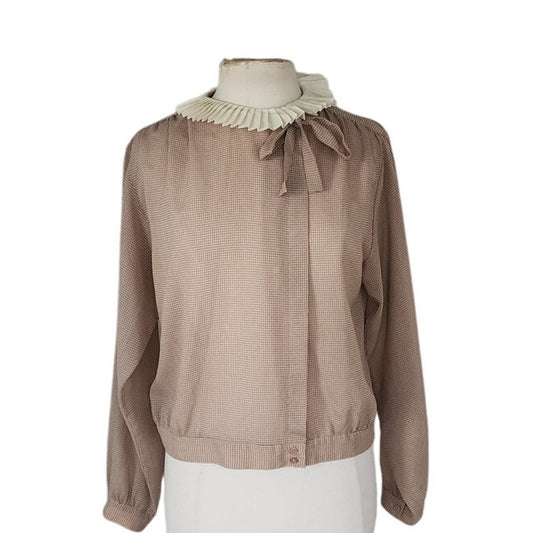 Vintage 80s Beige Blouse Microgrid Print Pleated Ruffled Collar  Pierre Cardin