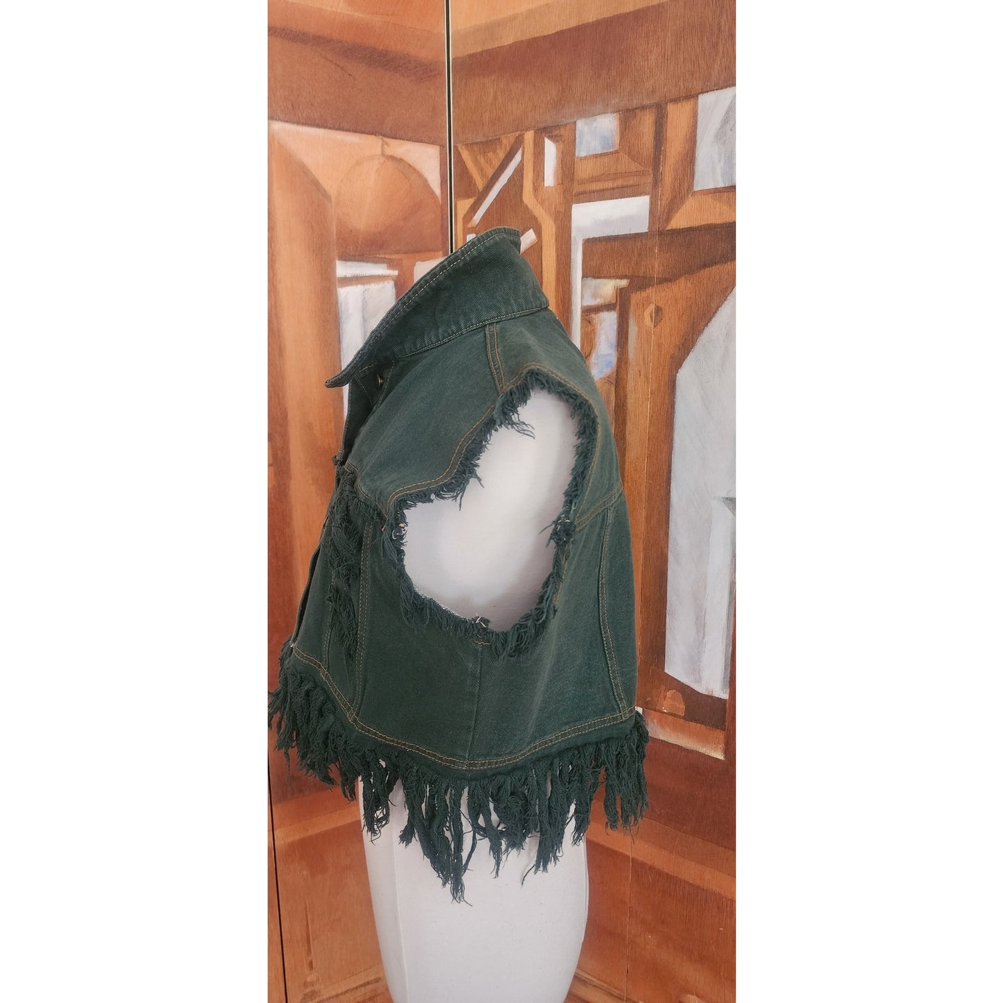 Vintage 80s Distressed Green Denim Vest Cropped Fringed by Navi / L