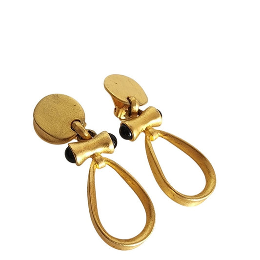 Vintage Gold and Black Teardrop Clip-On Earrings 80s 90s Etruscan Revival