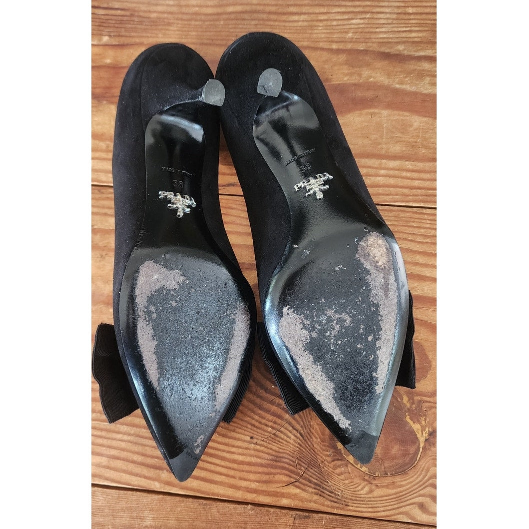 Prada Shoes Black Suede Kitten Heel Pumps with Bows Size 38 w/Original Box