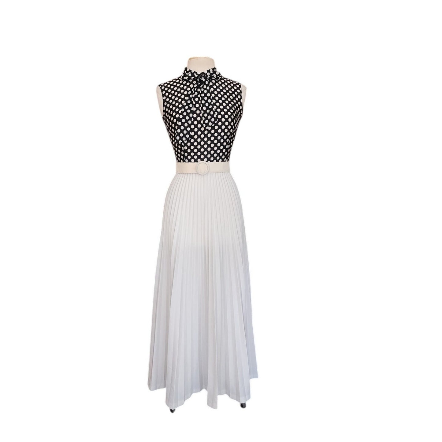 Vintage 1970s Maxi Dress Polkadot Print Pleated Skirt Black White Belted / S