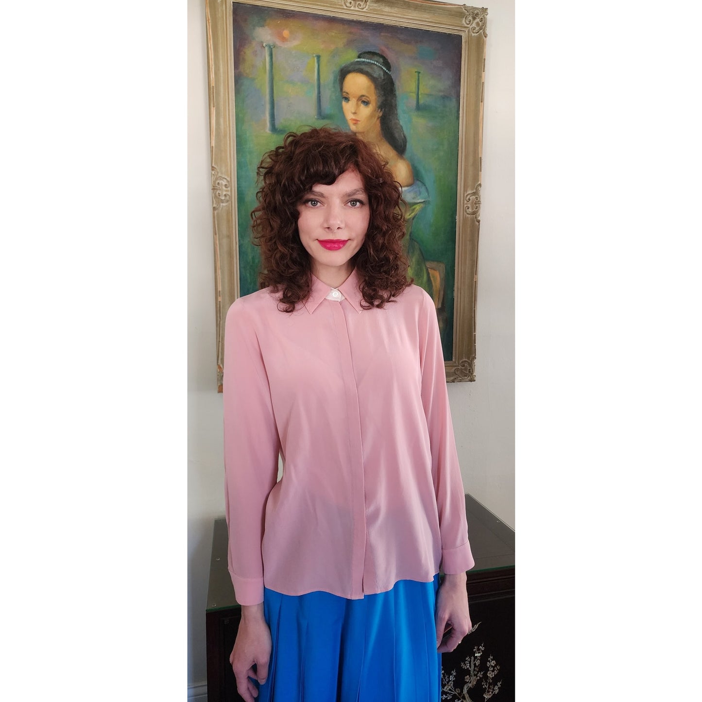 Vintage ESCADA Blouse Pink Silk Button Down Shirt / M