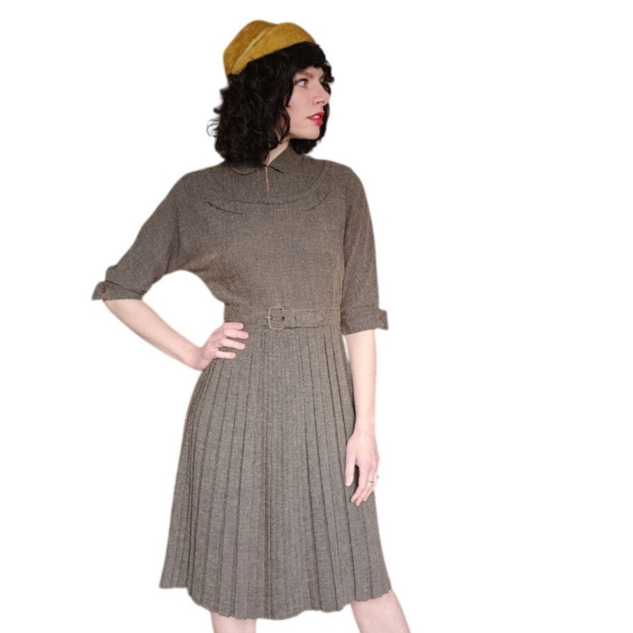 Vintage 40s Brown day Dress w/Belt Nubby Texture Kabro of Houston