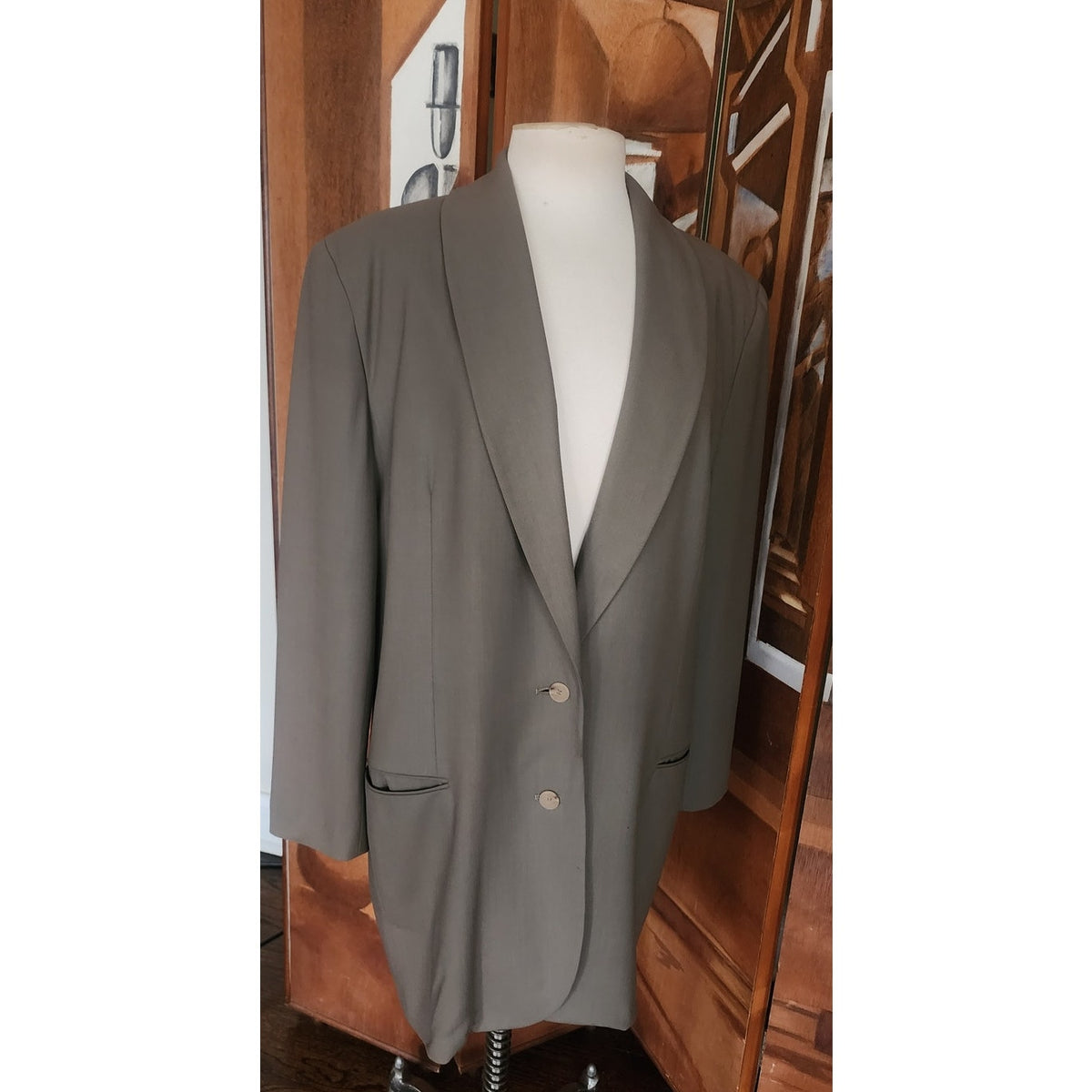 90s Calvin Klein Vintage Gray Olive Green Wool Blazer Oversized 2 Button Career Jacket