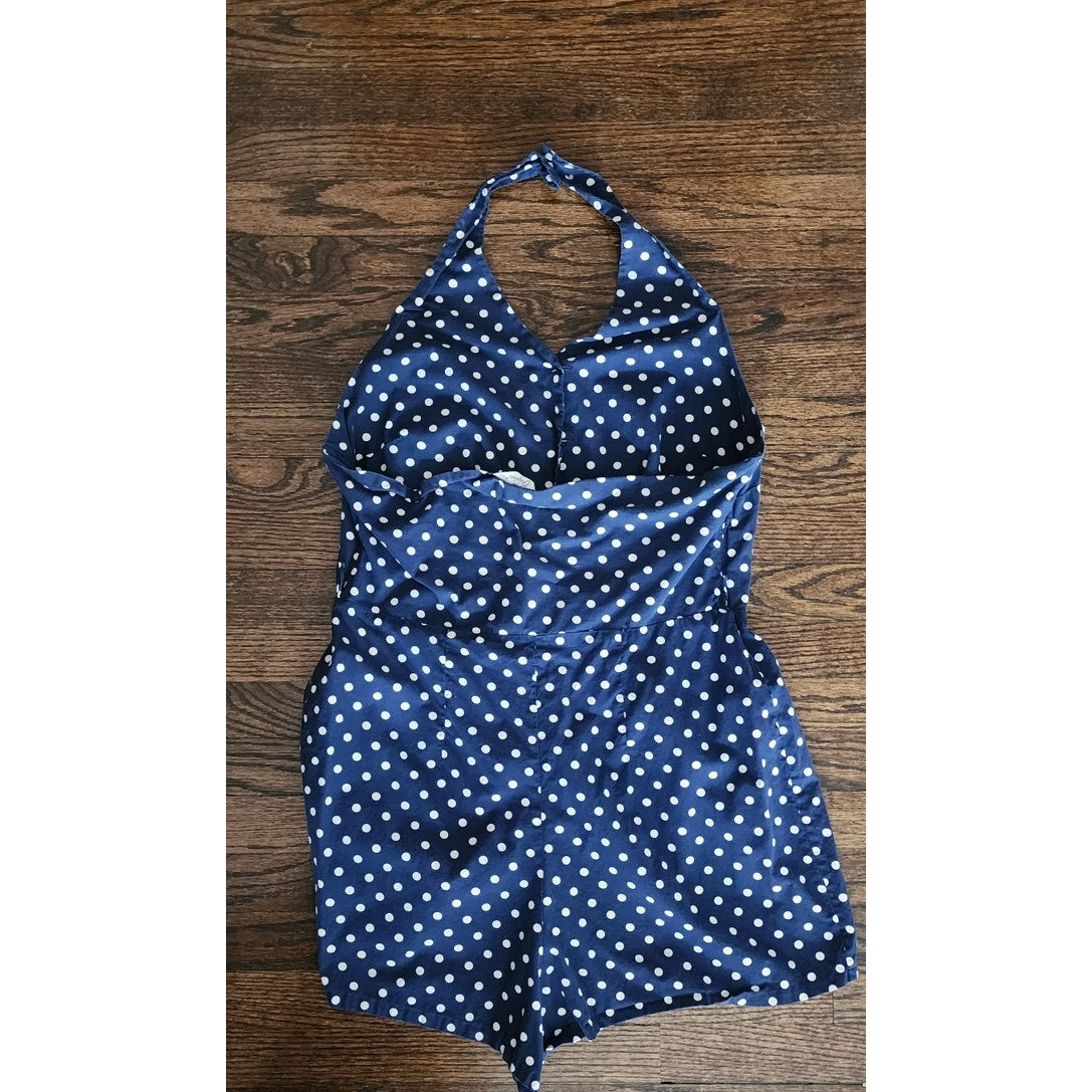 Vintage 70s Romper Polkadot Cotton Print Navy Blue White Halter Top Open Back Sz LARGE