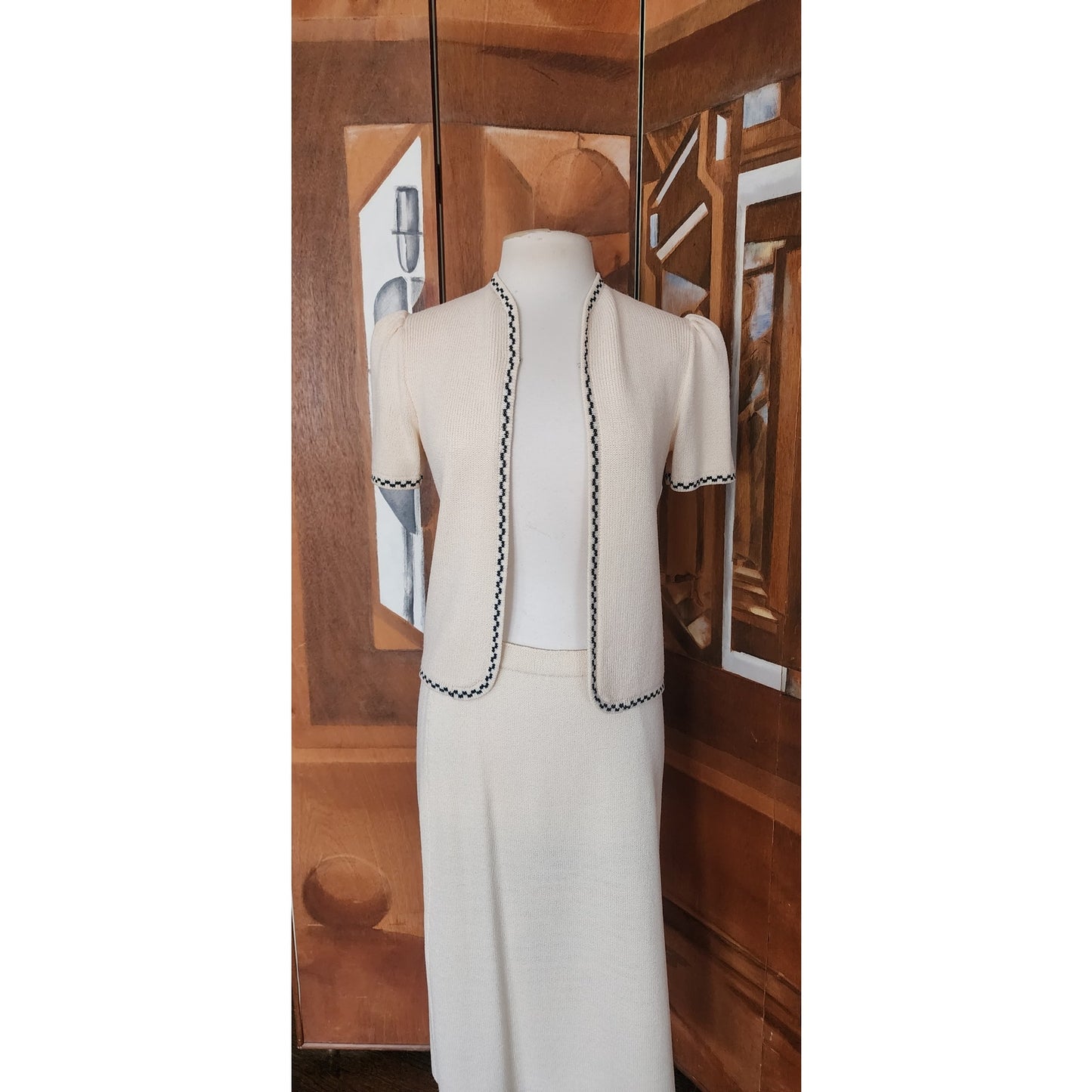 Vintage 80s St. John for Marshall Fields Cream & Black Knit Suit Skirt Jacket