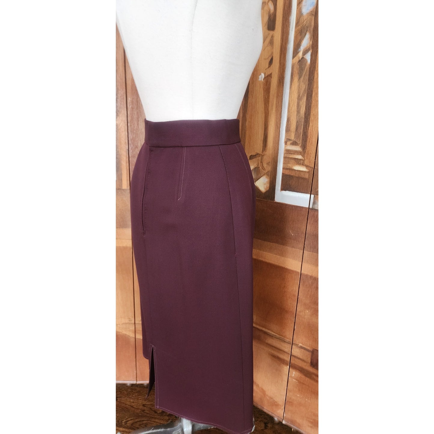 Vintage 80s CHLOE Karl Lagerfeld Skirt Midi Length Burgundy Red Wool Marshall Field