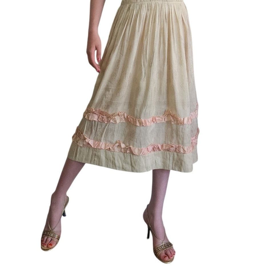 Vintage 1930s Cream Silk Dress Lace & Rhinestone Embroidery
