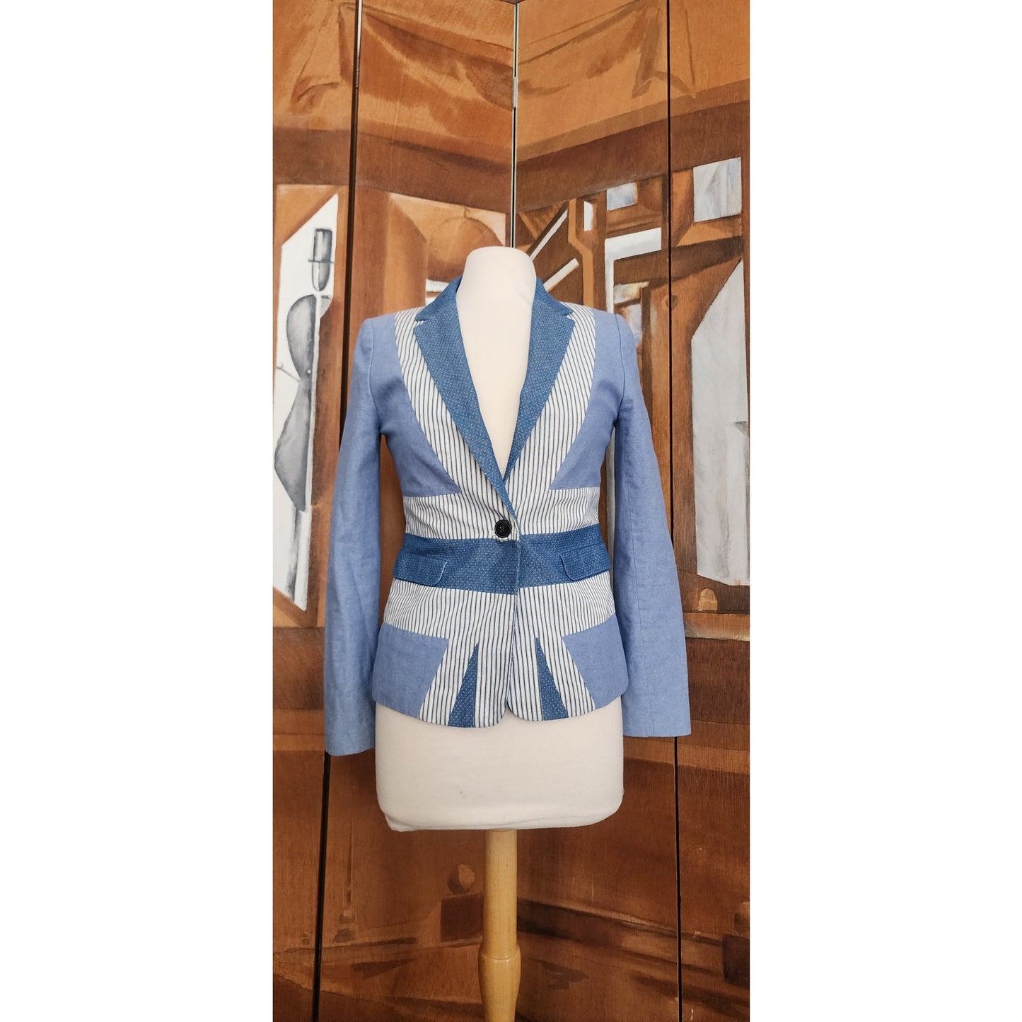 Jack Wills Blue and White Patchwork Denim Blazer, Fitted Single Button