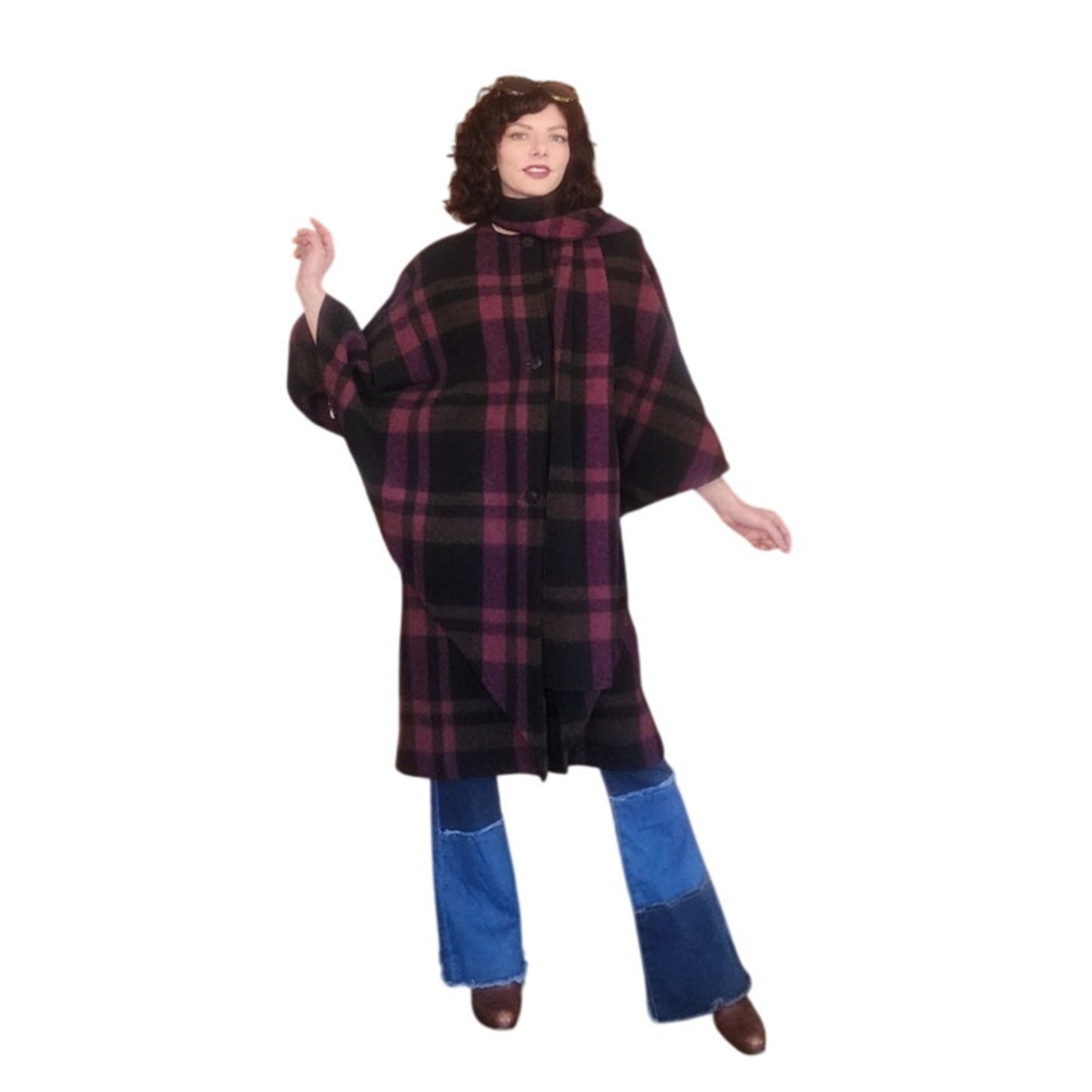 Vintage 1990s Purple Wool Plaid Poncho Cloak Coat Cape w/Scarf