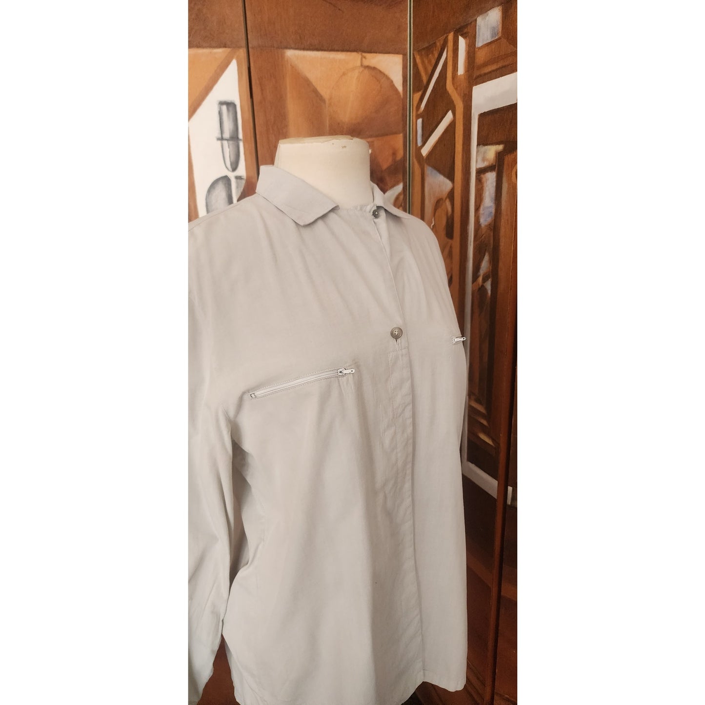 Vintage 1990s Prada Shirt Gray Button Down Long Sleeve Blouse Zipper Pockets L