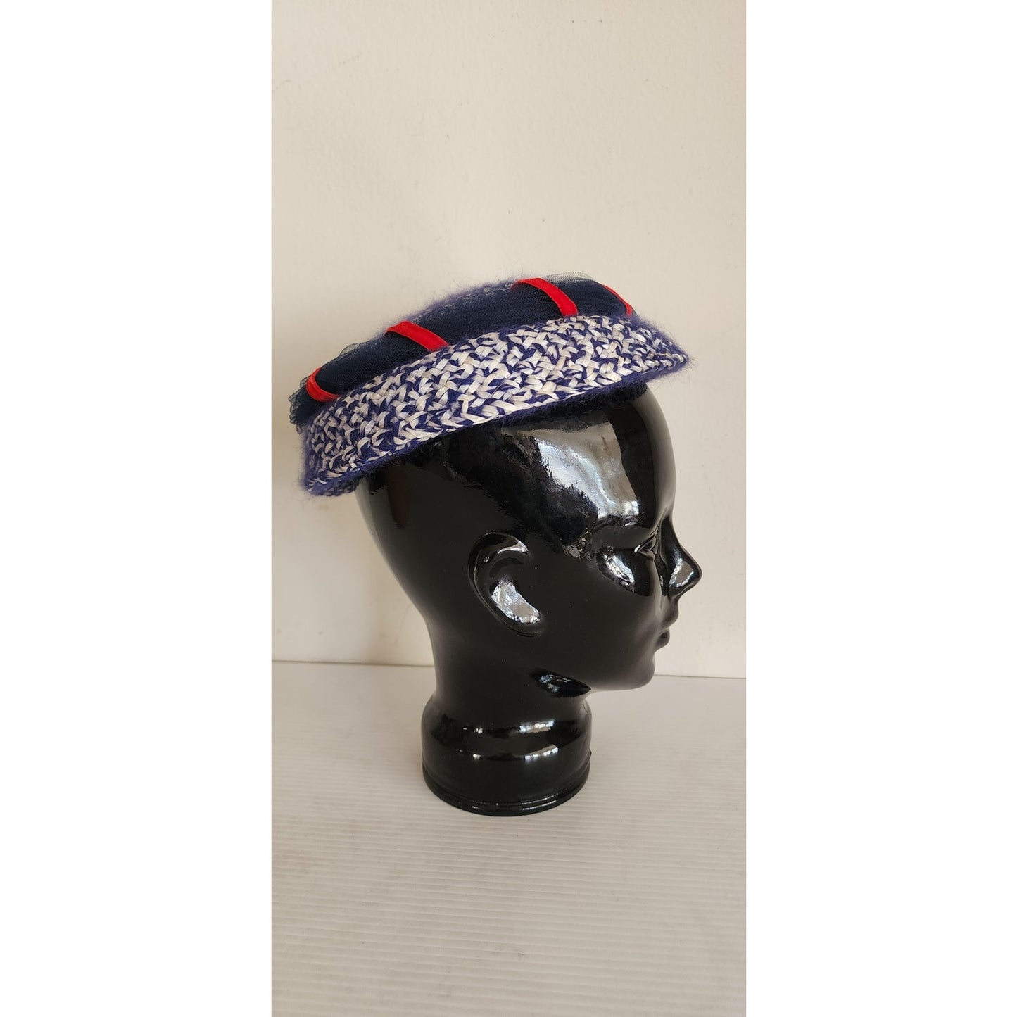 Vintage 50s Knit Beanie Hat Navy Blue Red White