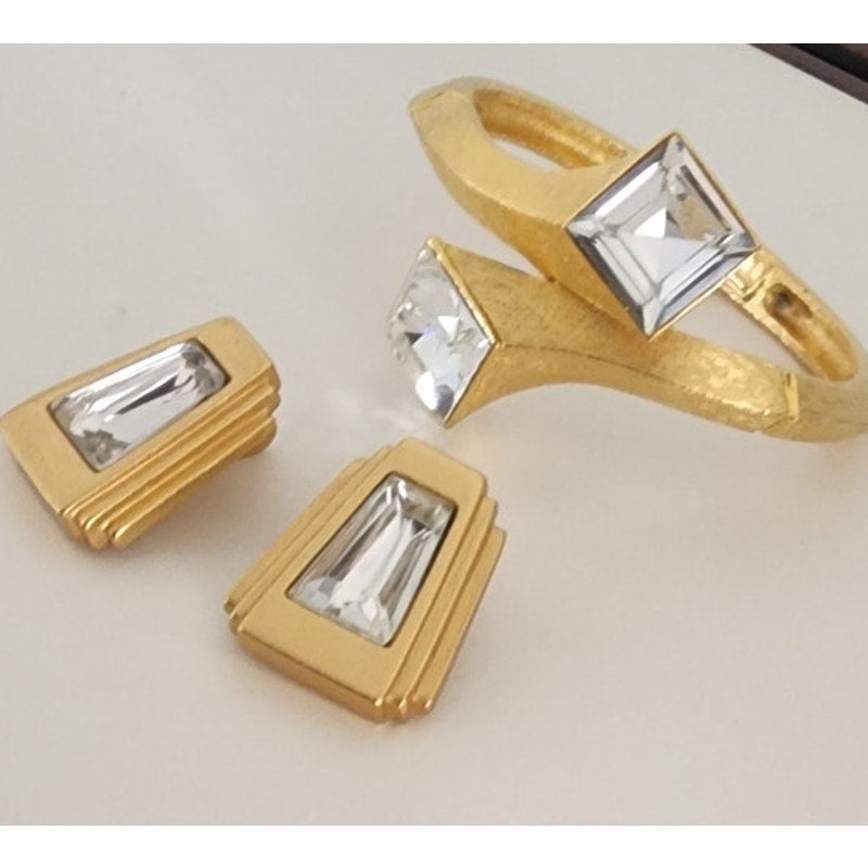 Vintage Art Deco Style Bracelet Clip Earrings Set Gold w/Clear Cut Glass