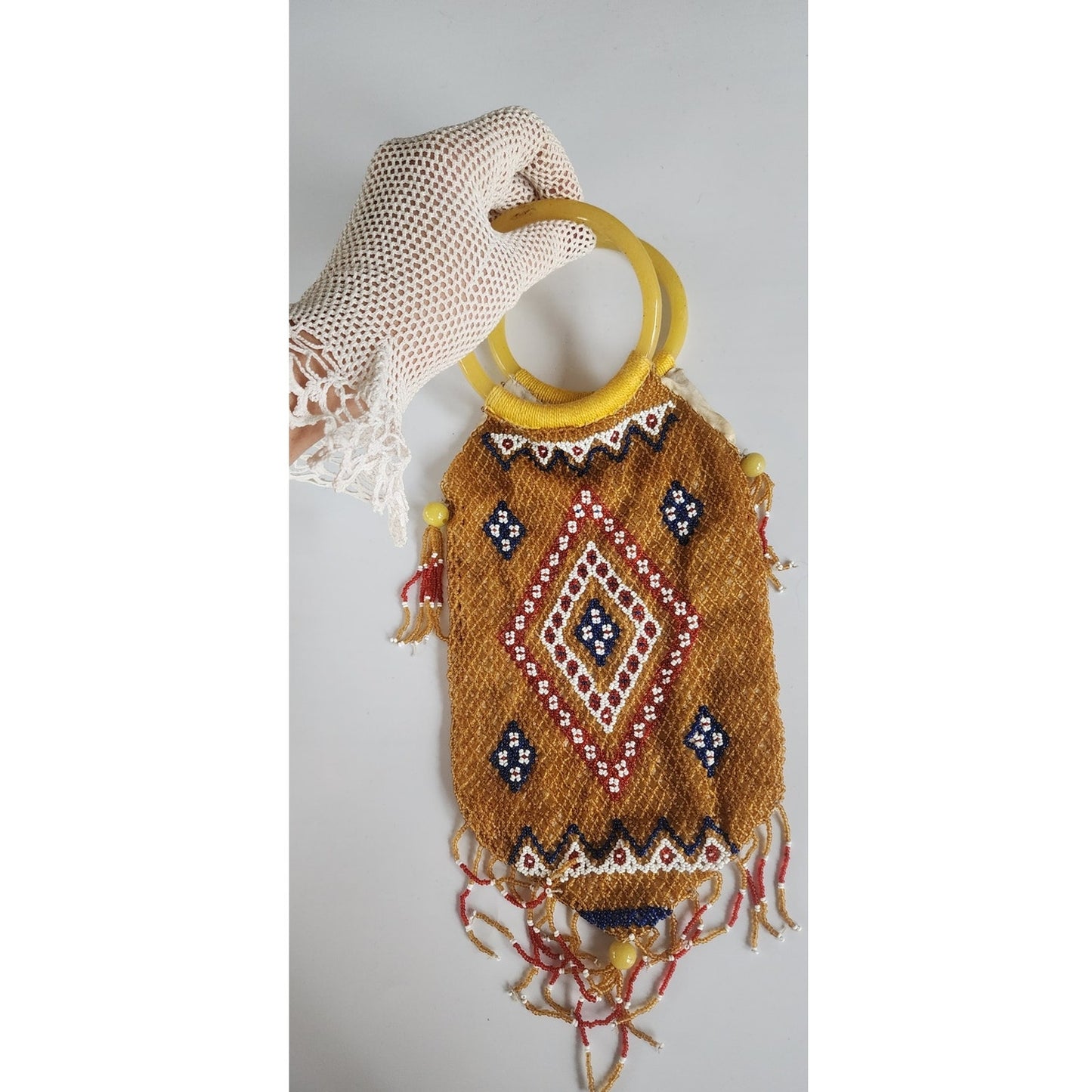 Antique Chinese Glass Bead Bag w/Glass Ring Handles 1890 - 1930