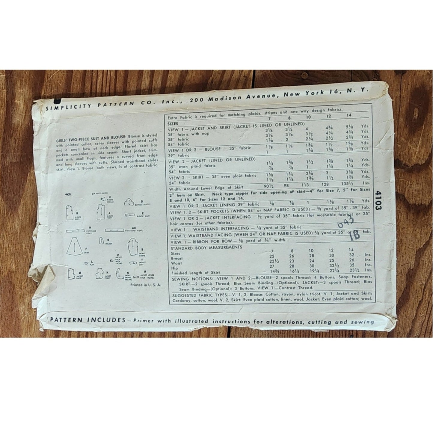 ORIGINAL Vintage 50s Sewing Pattern:  Girls Two Piece Suit + Blouse Bolero Simplicity 4103