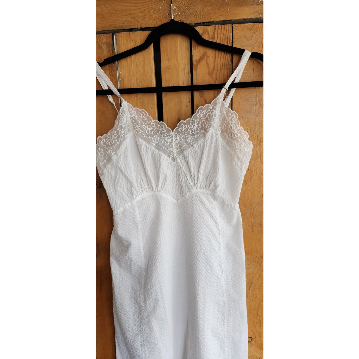 Vintage 50s White Slip Spaghetti Strap Seersucker Cotton + Lace