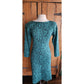 Vintage 80s Teal Blue Dress Black Floral Print, Keyhole Back Regina Kravitz