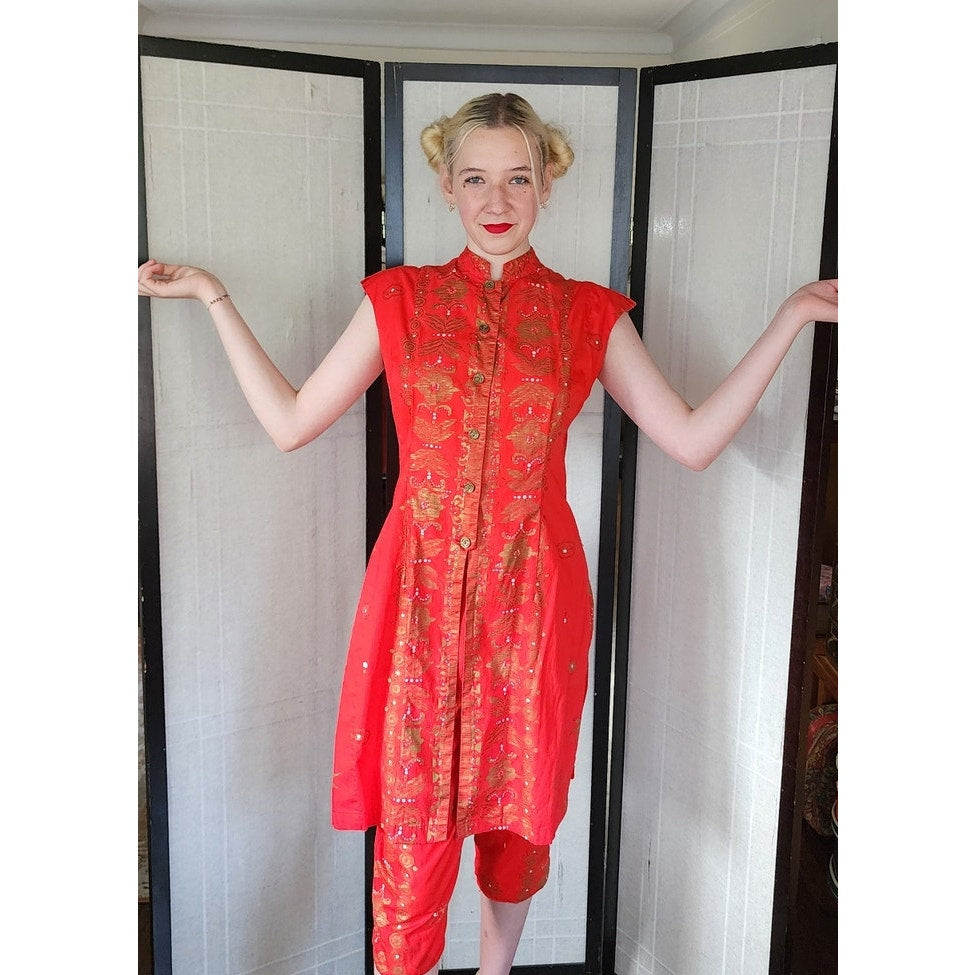 50s Tiki Play Suit Red Cotton Print Tunic + Top by Nani of Hawaii