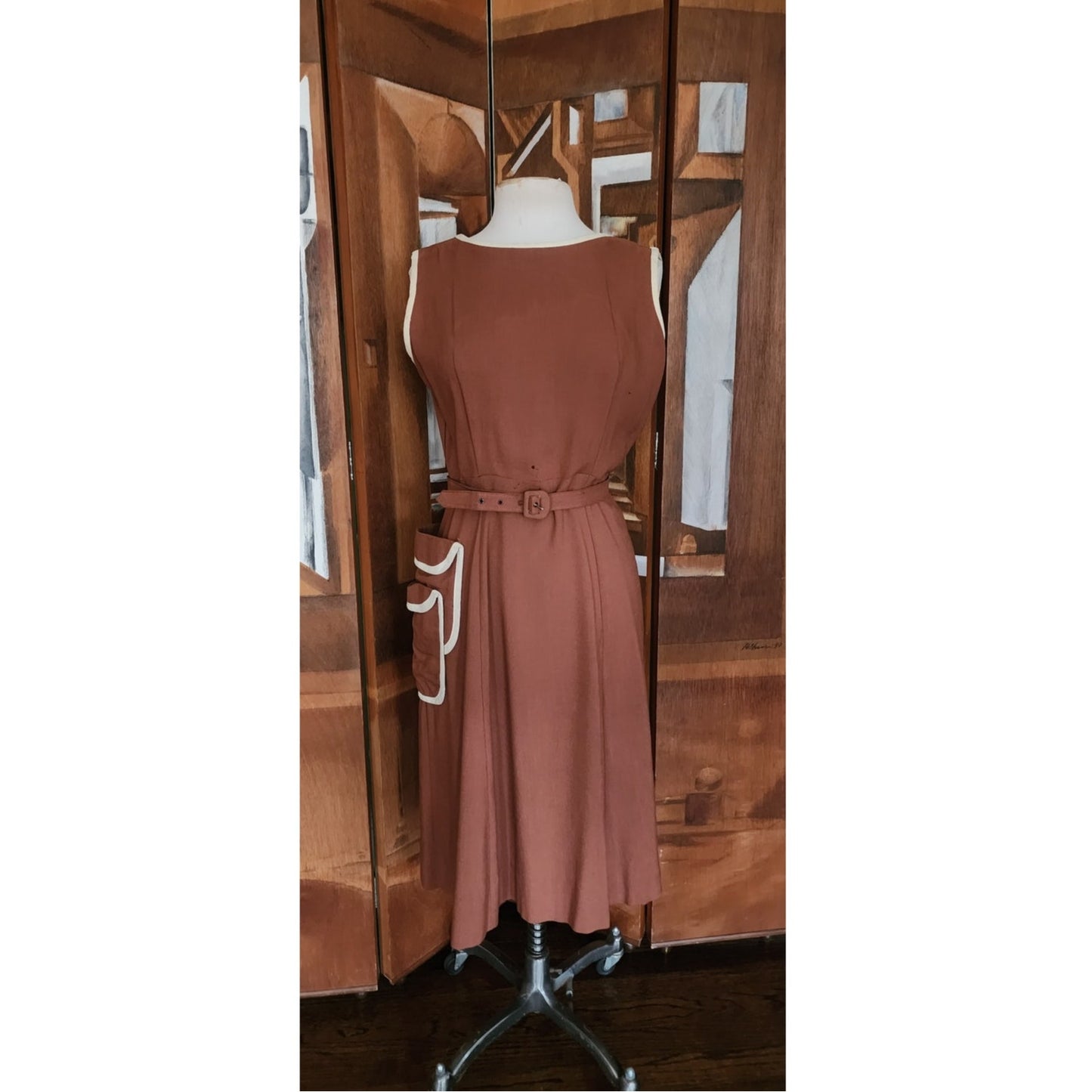 Vintage 40s Belted Day Dress in Brown & White Trim Unusual Double Pocket Design by Dawncrest
