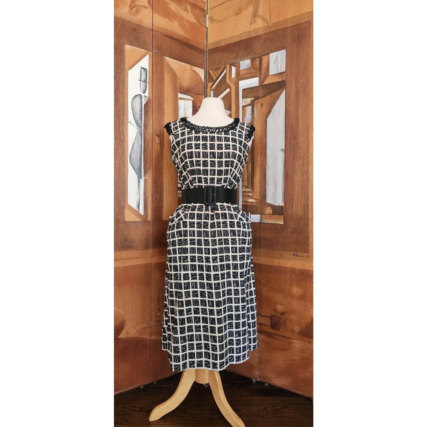 Vintage 50s Cotton Print Dress Black White Check Belted / M to L