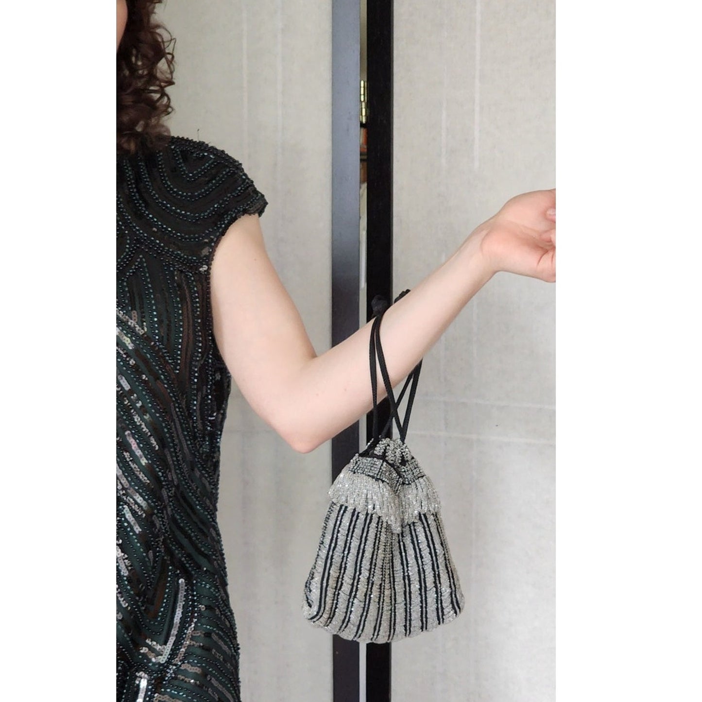 Vintage 20s Beaded Evening Bag Black Silk Pouch Flapper Purse