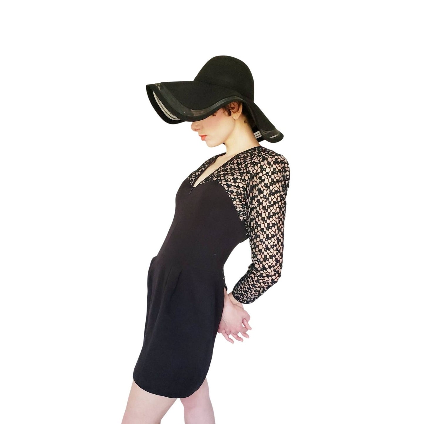 Vintage 1980s Black Party Dress Crochet Lace Nude Illusion Long Sleeved Kathryn Dianos Zip Front