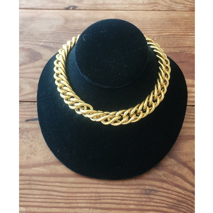 Vintage 80s Anne Klein Chunky Cuban Chain Link Choker Necklace Gold Tone